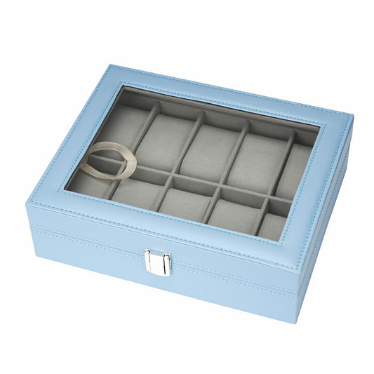 10 Slots Watch Box Blue Faux Leather Watch Display Case with Glass Lid