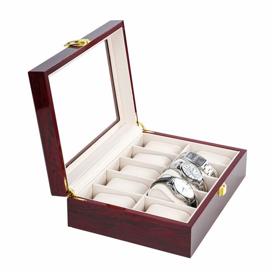 10 Slots High-end Wooden Watch Box With Glass Window Spray Paint Red Watch Display Case