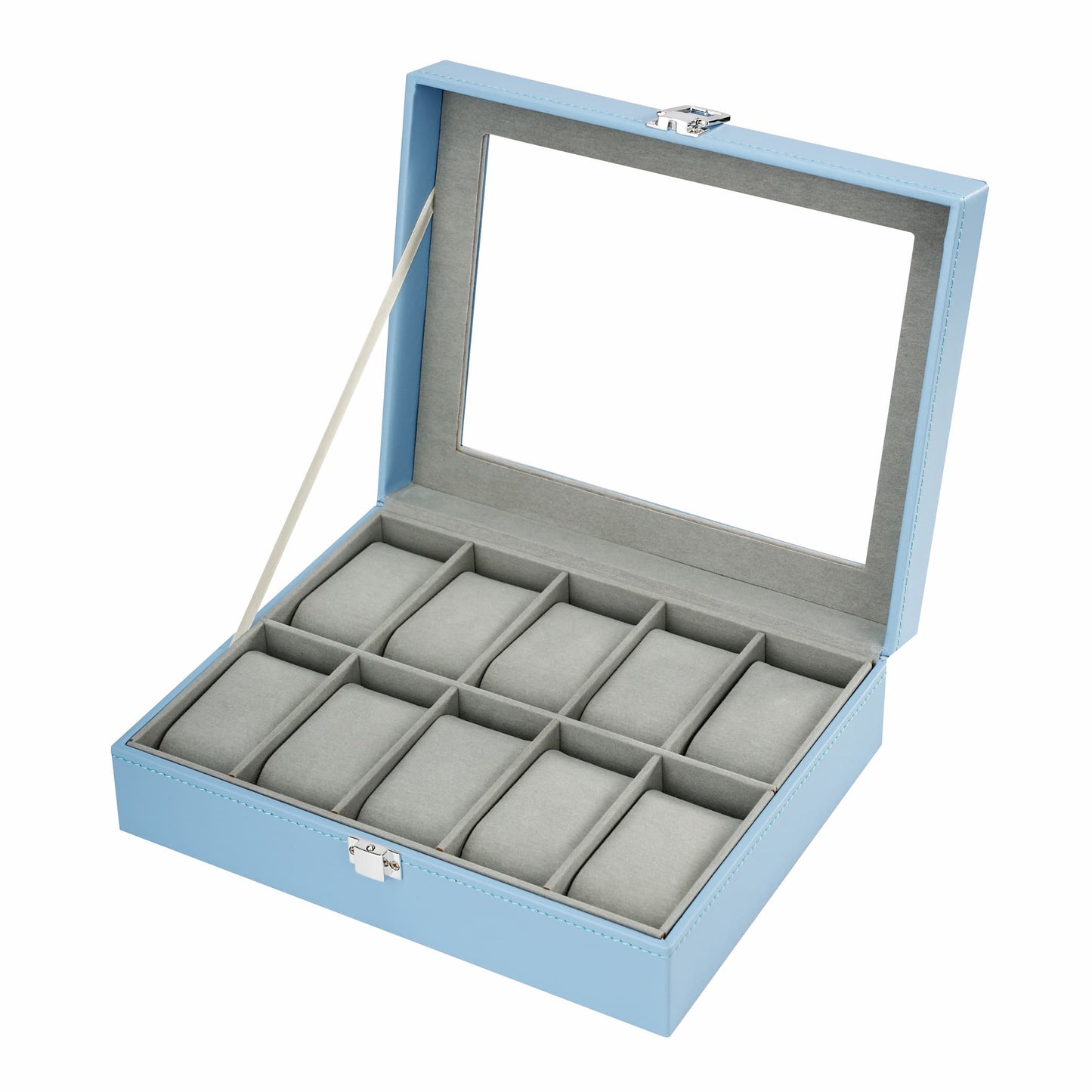 10 Slots Watch Box Blue Faux Leather Watch Display Case with Glass Lid