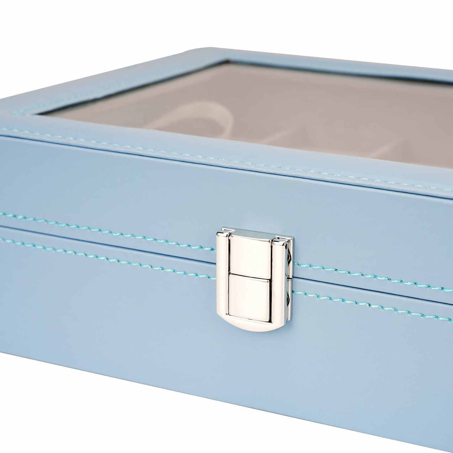 10 Slots Watch Box Blue Faux Leather Watch Display Case with Glass Lid
