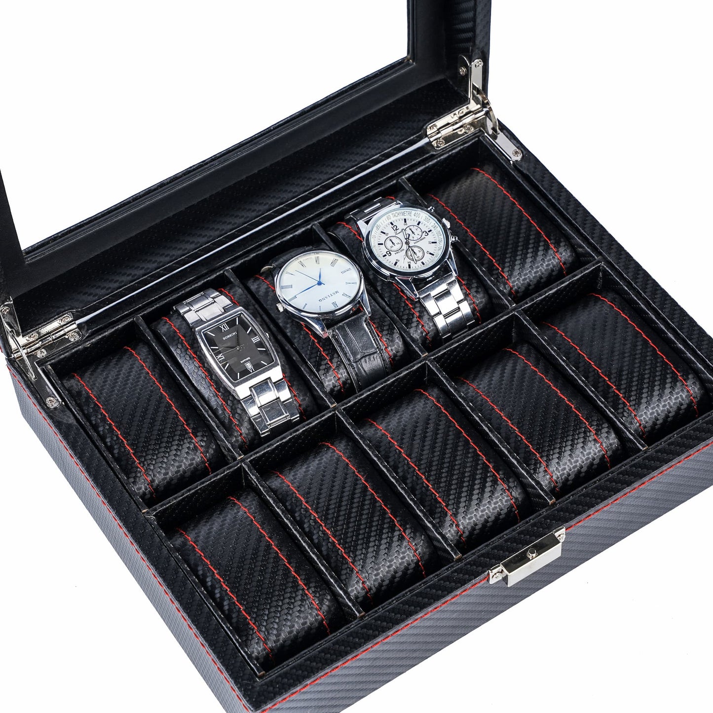 10 Slots Black Carbon Fiber Leather Watch Organizer Box Luxury Watch Storage Case With Real Glass Lid