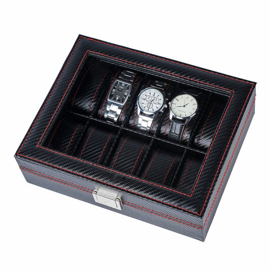 10 Slots Black Carbon Fiber Leather Watch Organizer Box Luxury Watch Storage Case With Real Glass Lid