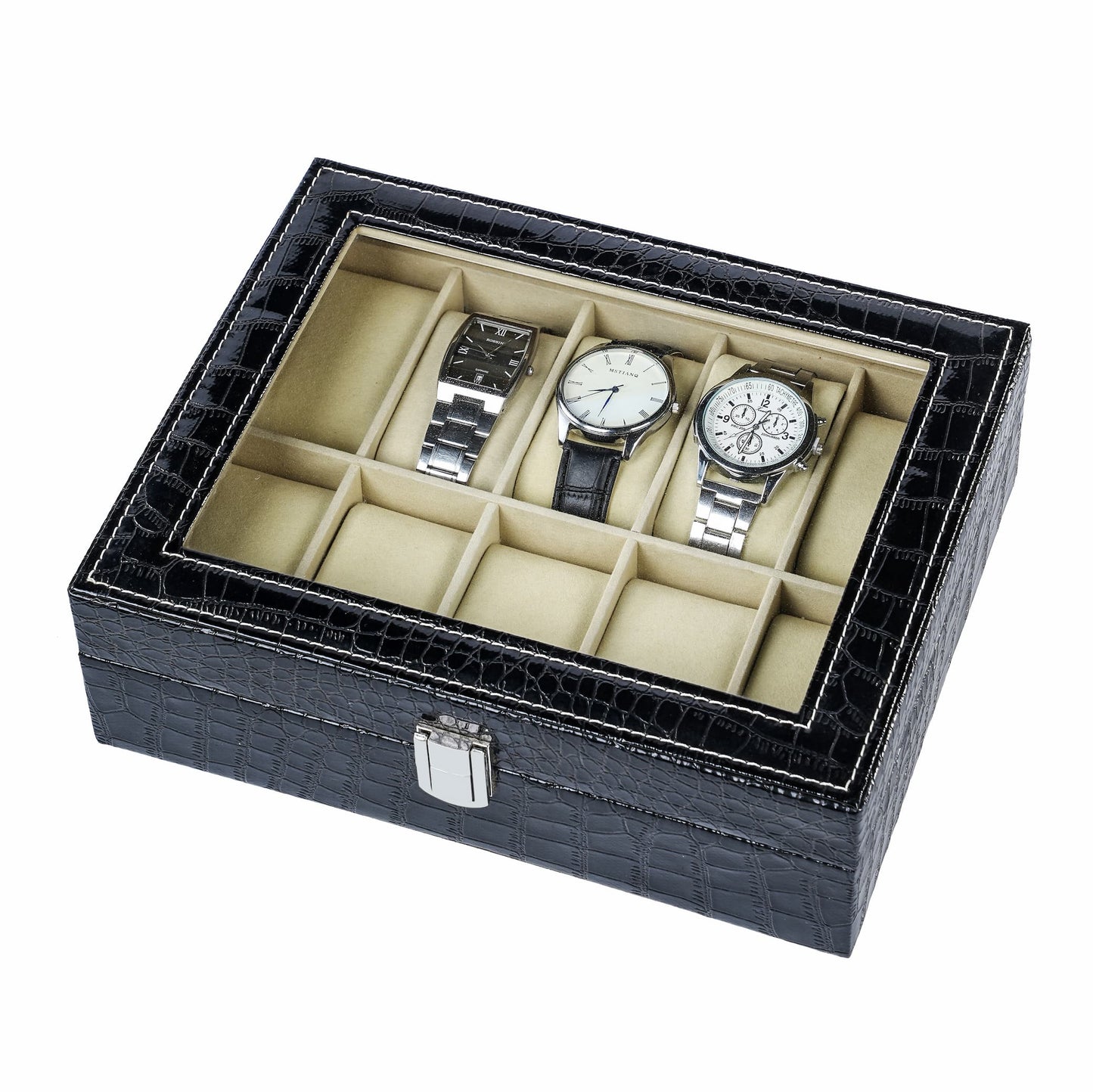 Watch Organizer Case 10 Slots Black Crocodile Grained PU Leather Watch Box With Factory Supply Price