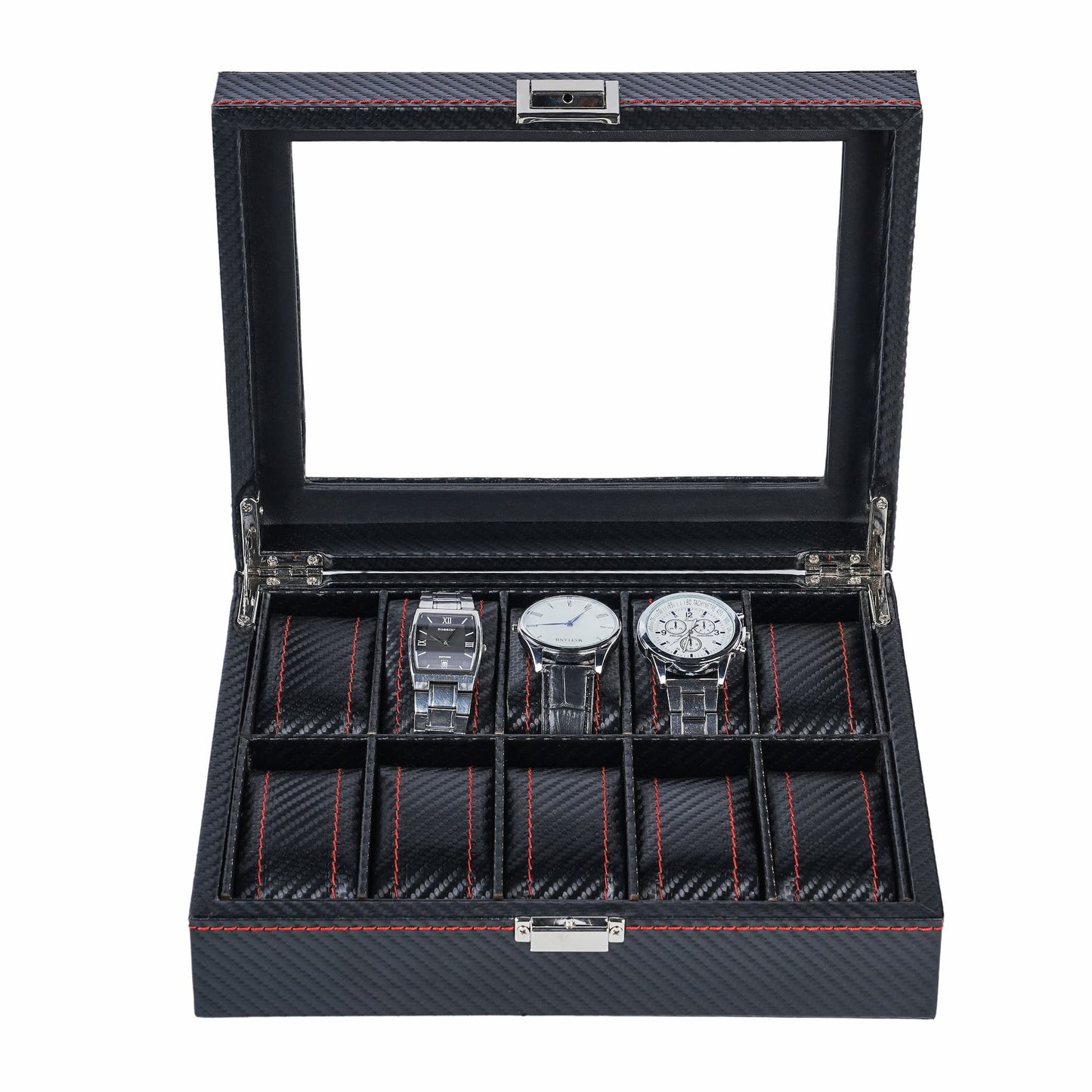 10 Slots Black Carbon Fiber Leather Watch Organizer Box Luxury Watch Storage Case With Real Glass Lid