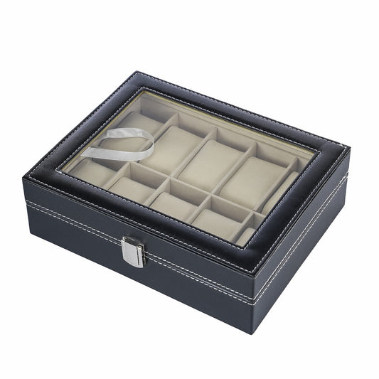 Factory supplied faux leather 10 slots watch storage organizer box with real glass lid for men and women