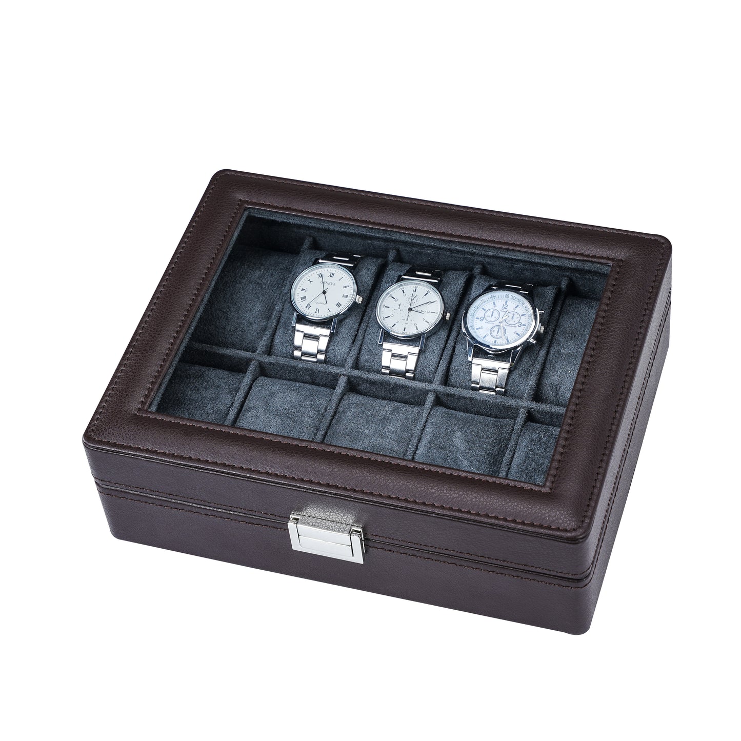 10-Solts Luxury Coffee Brown Watch Box with Pebble Surface Finish
