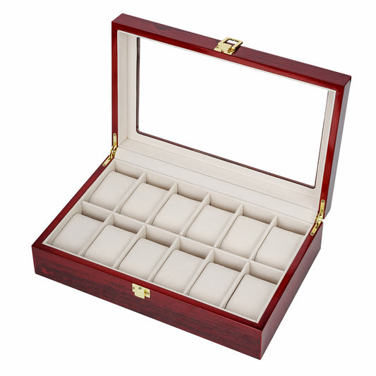 High-end Wooden Watch Box 12 Slots with Real Glass Window Spray Paint Red Watch Display Box