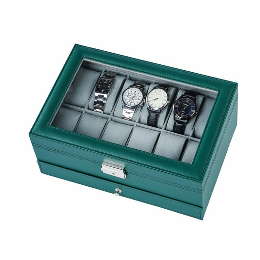Factory Supply 12 Slots Deluxe Green Watch Box Organizer Display Leather Jewellery Bracelets Necklaces Rings Double Storage Boxes