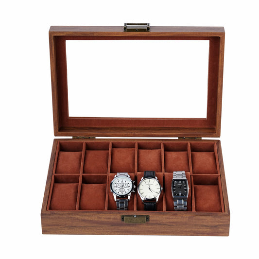 12 Slots Watch Organizer Case Brown Fancy Paper Watch box With Real Glass Lid