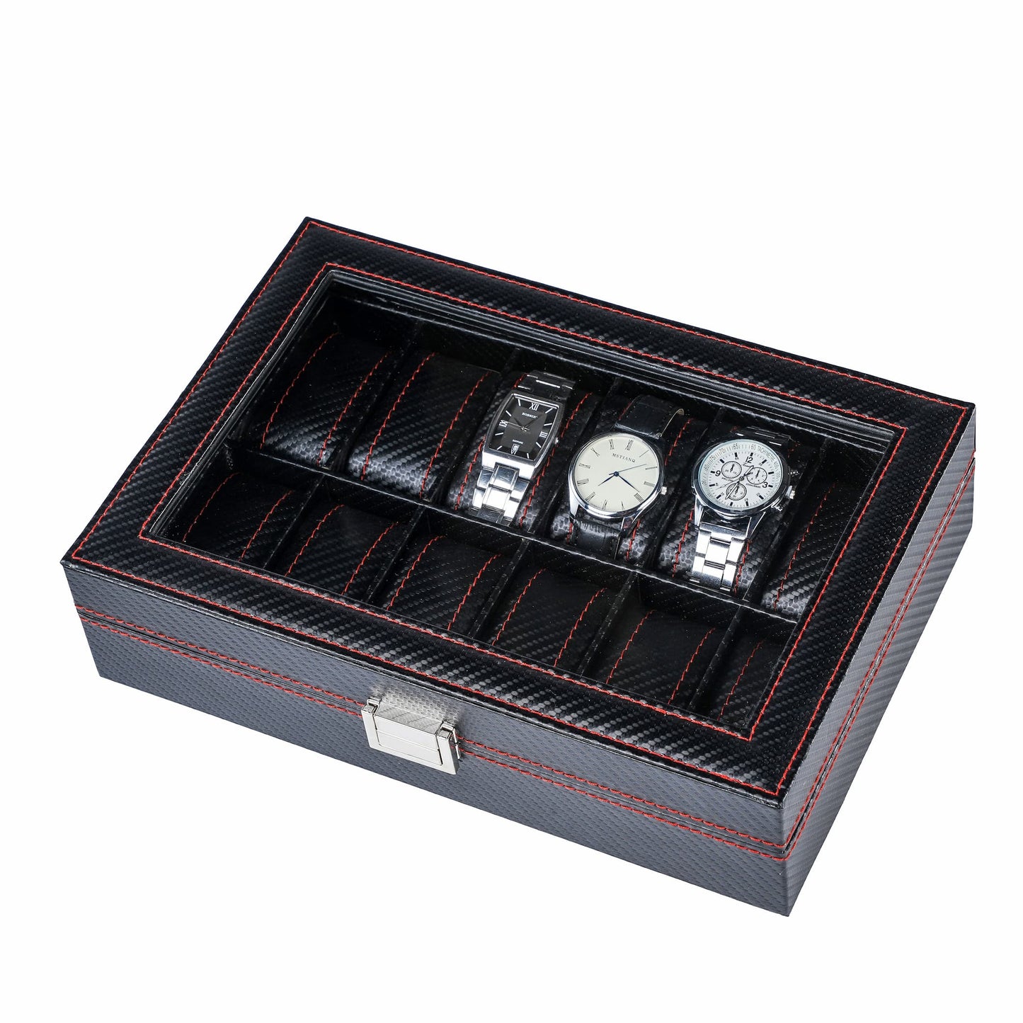 12-slot Professional Black Carbon Fiber Leather Wrist Watch Organizer Display Storage Box With Red Sewing