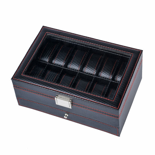 12 Slots Luxury Black Carbon Fiber Watch Box Jewelry Organizer Case Jewelry Bracelet Necklace Ring Double Layer Storage Box