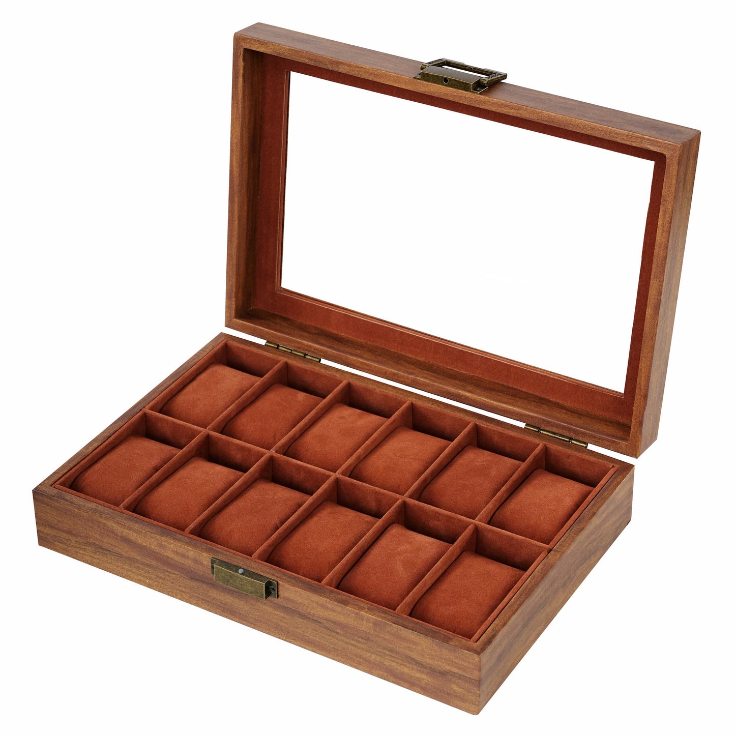 12 Slots Watch Organizer Case Brown Fancy Paper Watch box With Real Glass Lid