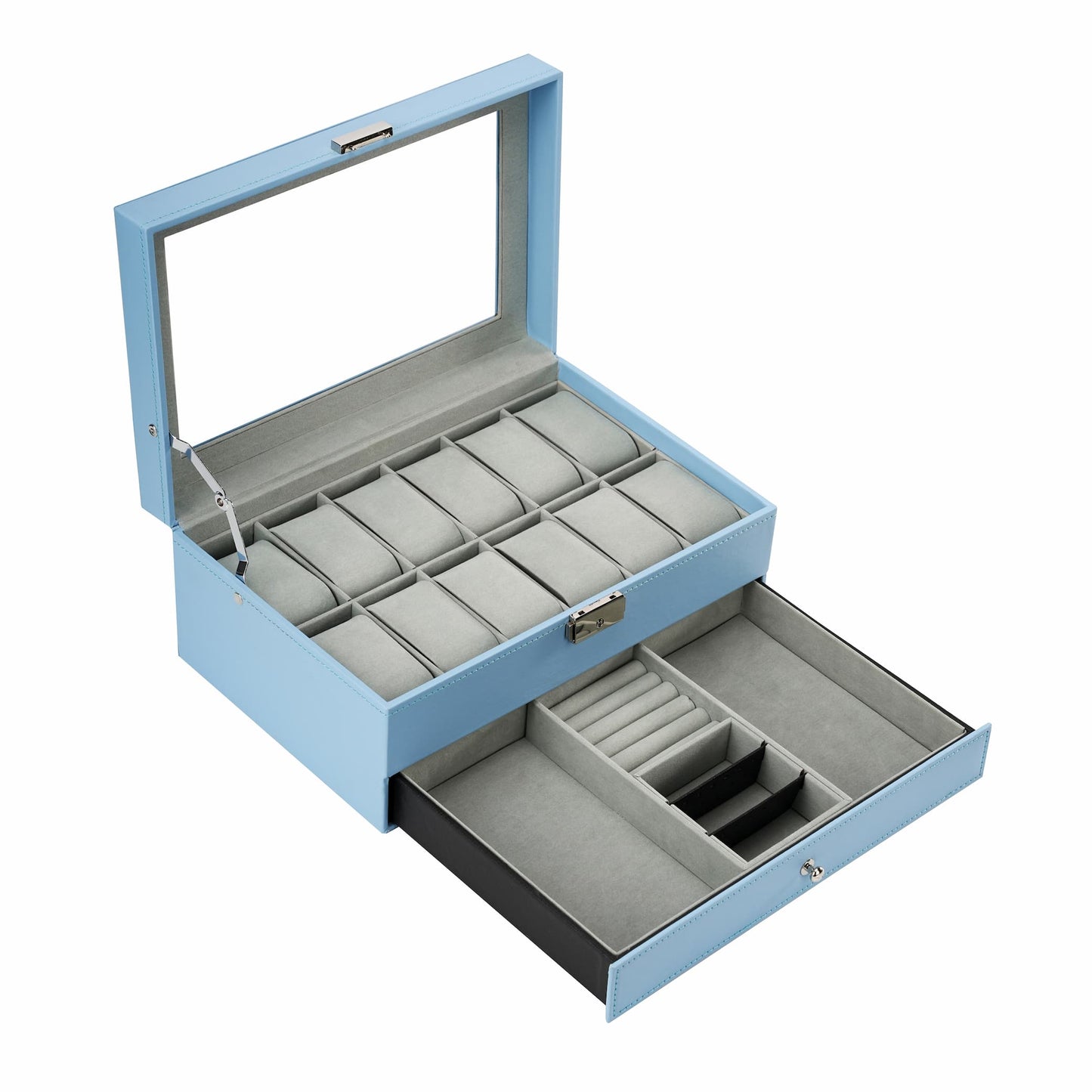 12 Slots Deluxe Blue Watch Box Organizer Showcase PULeather Jewellery Bracelet Necklace Ring Double Storage Case