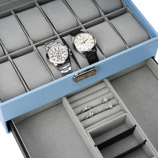 12 Slots Deluxe Blue Watch Box Organizer Showcase PULeather Jewellery Bracelet Necklace Ring Double Storage Case
