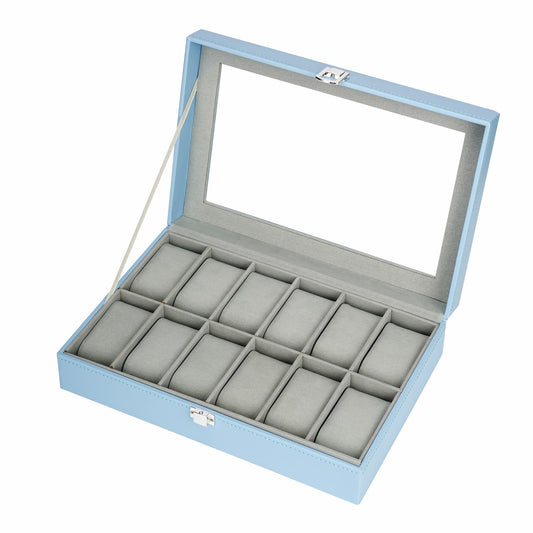 12 Slots High-end Blue PU Leather Watch Display Case with Real Glass Lid Men's Gift Watch Packaging Box