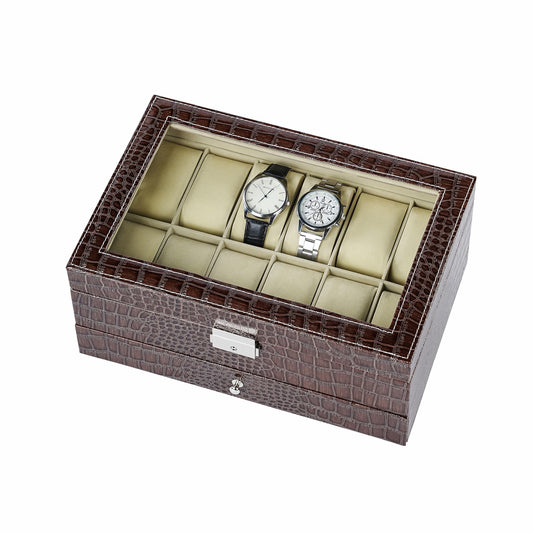 12 Slots Brown Crocodile Grained Watch Box Organiser Display Leather Jewellery Bracelet Necklace Ring Double Storage Case
