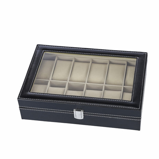 Watch box manufacturer supplied faux leather 12 slots watch storage organizer case with real glass lid