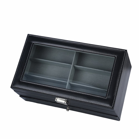 12 Slots Black Pinstripe Faux PU Leather Double Organizer Eyeglasses Storage Case