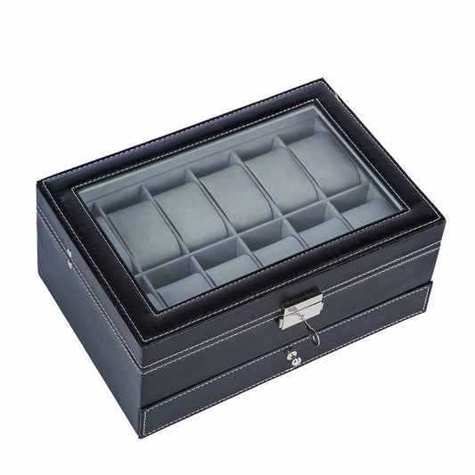 12 Slots Black Pinstripe Watch Box Storage Display Leather Jewellery Bracelet Necklace Ring Double Storage Case