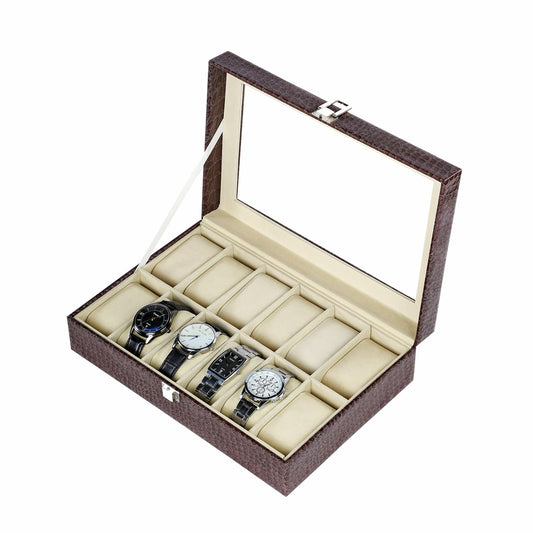 12 slots watch storage case brown crocodile grained pu leather watch box with real glass lid