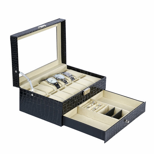 Double Layer 12 Slots Watch Box Organizer Display Case Black Crocodile Grained Leather Jewellery Bracelet Necklace Ring Double Storage Case
