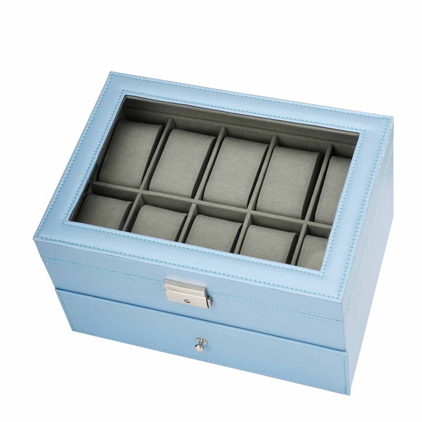 20 Compartments Double Layer Blue PU Leather Watch Organizer Box For Home Decoration