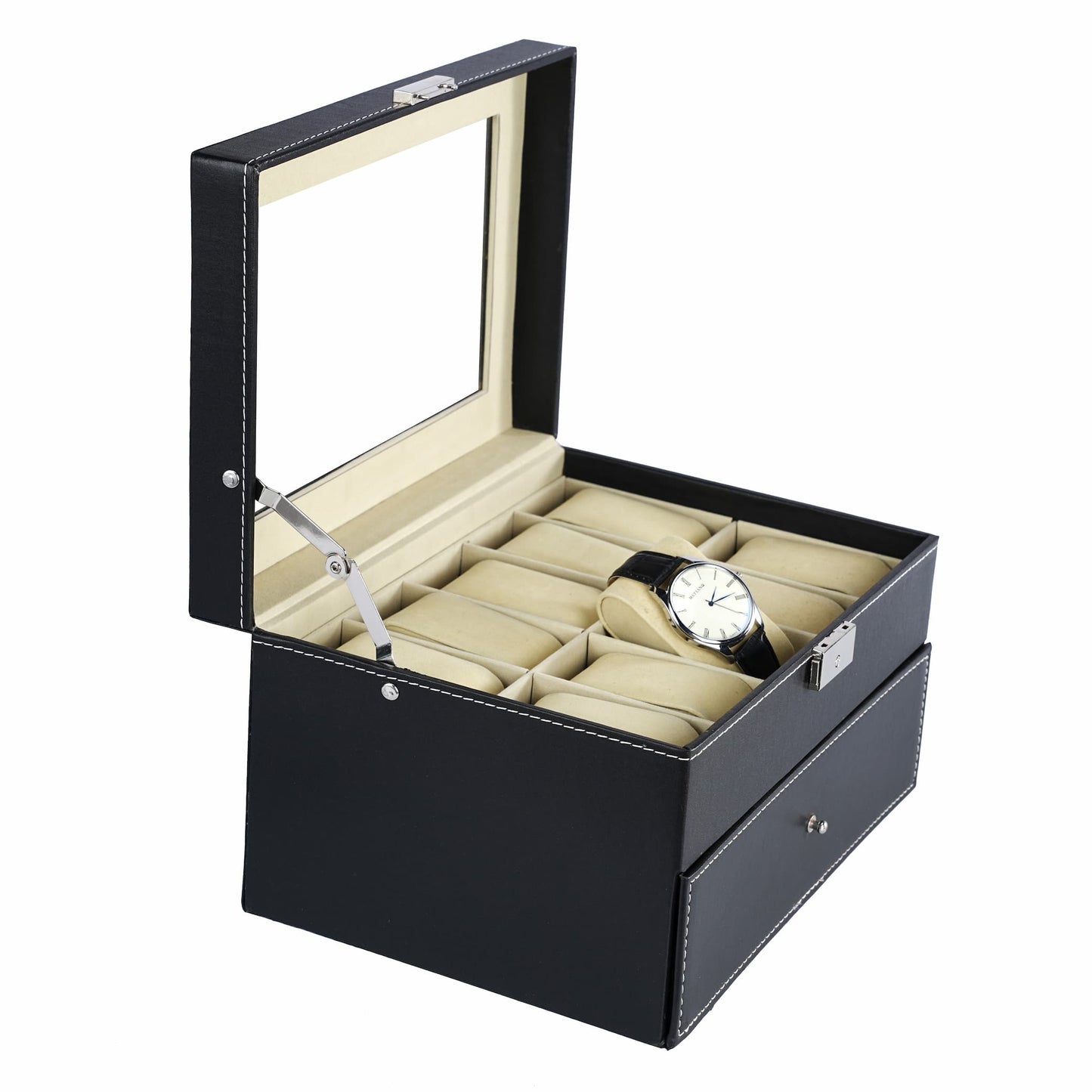20 Slots Black Faux Pinstripe PU Leather Watch Organizer Double Layer Box