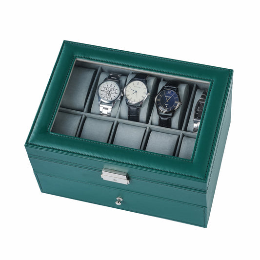 20 Compartments Double Layer Green PU Leather Watch Organizer Box