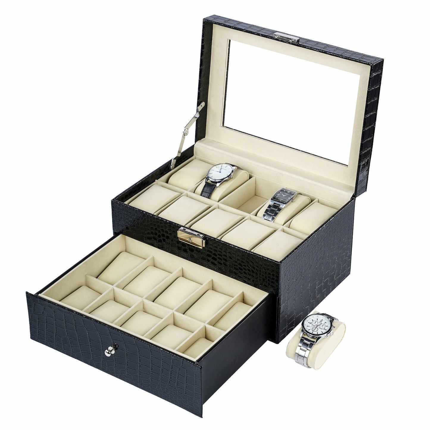 Watch Box Manufacturer 20 Slots Black Crocodile Grained PU Leather Watch Organiser Double Layer Case