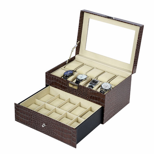 20 Slots Double Layer Brown Crocodile Grained PU Leather Watch Organizer Box