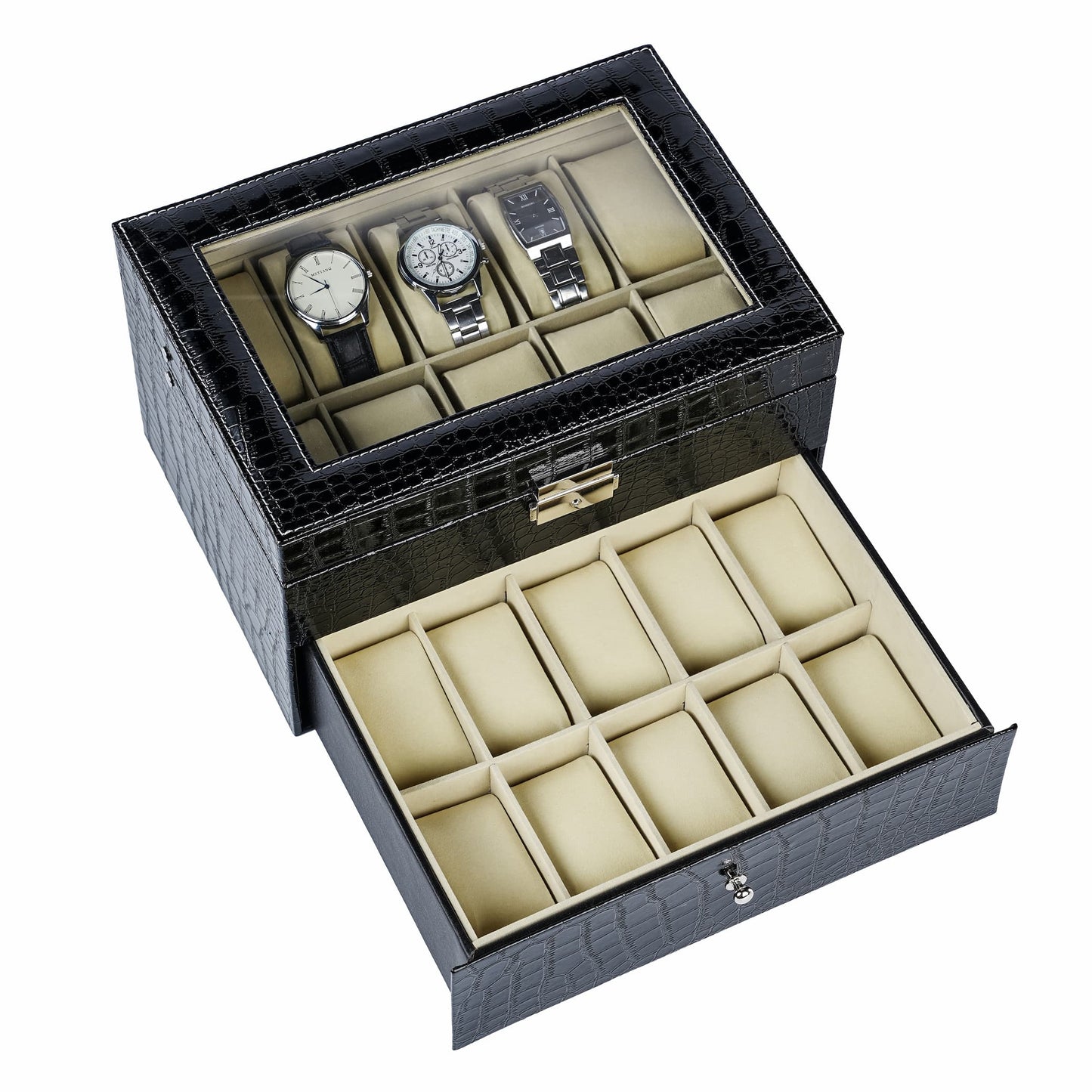 Watch Box Manufacturer 20 Slots Black Crocodile Grained PU Leather Watch Organiser Double Layer Case