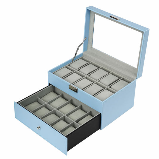 20 Compartments Double Layer Blue PU Leather Watch Organizer Box For Home Decoration