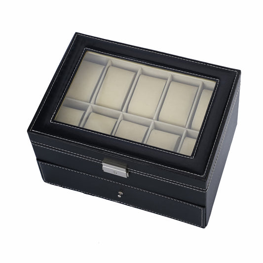 20 Slots Black Faux Pinstripe PU Leather Watch Organizer Double Layer Box