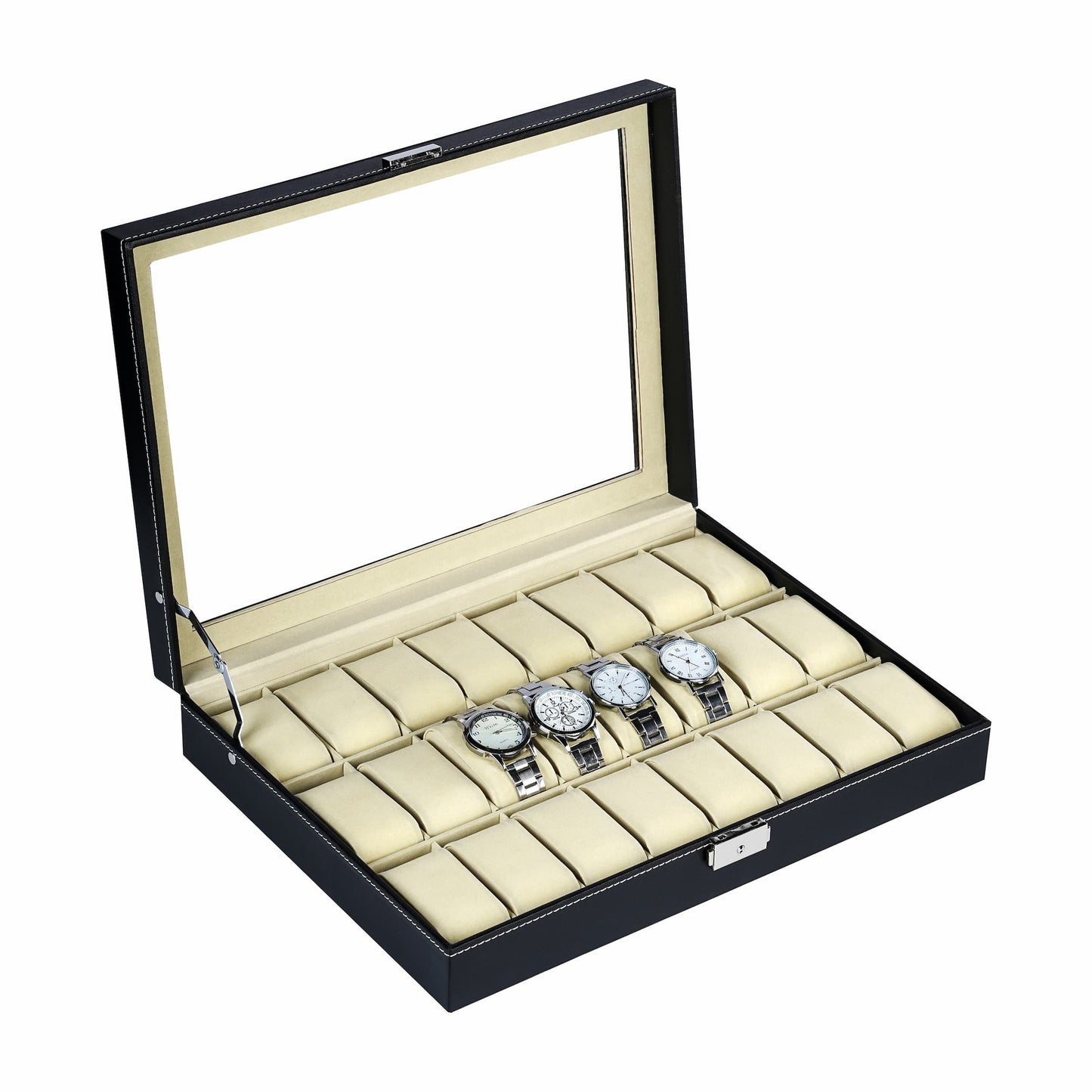 Black faux leather 24 slots watch storage box shop display or home decoration used watch organizer case with real glass lid