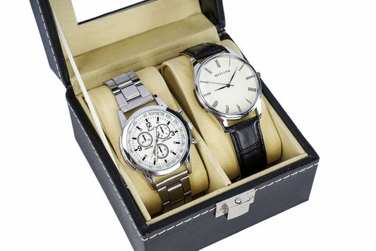 Faux leather 2 slots watch storage organizer box with real glass lid for men and women