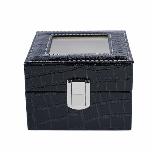 2 Slots Watch Organizer Box Black Crocodile Grained PU Leather Watch Box With Real Glass Lid For Display