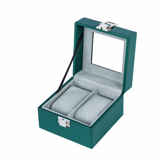 2 slots high quality watch organizer box green faux pu leather watch case for home decoration