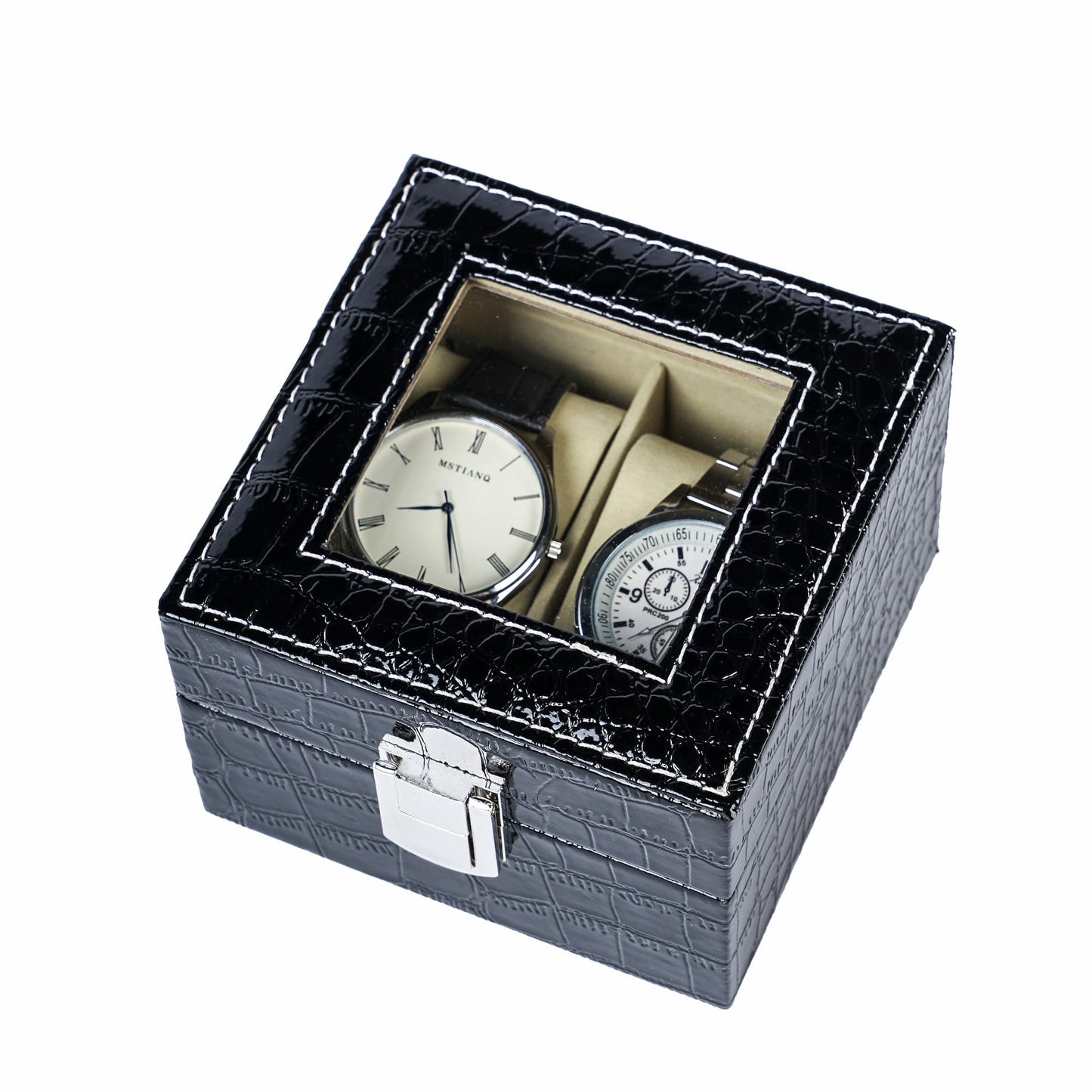 2 Slots Watch Organizer Box Black Crocodile Grained PU Leather Watch Box With Real Glass Lid For Display