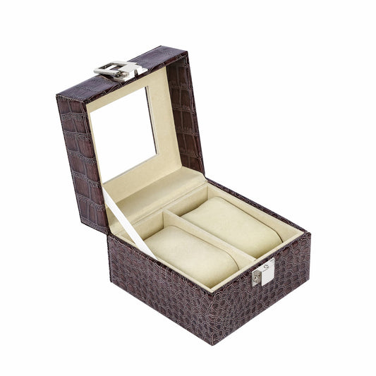 High quality 2 slots watch storage case brown crocodile grained pu leather watch box with factory price