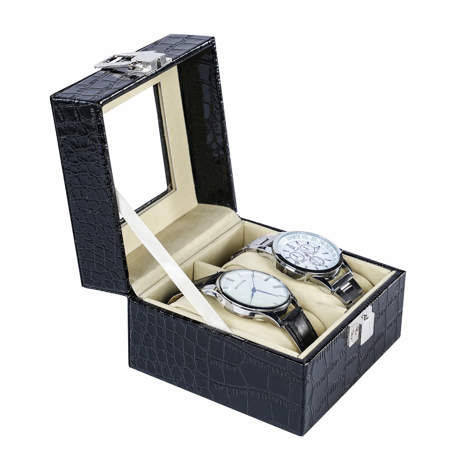 2 Slots Watch Organizer Box Black Crocodile Grained PU Leather Watch Box With Real Glass Lid For Display