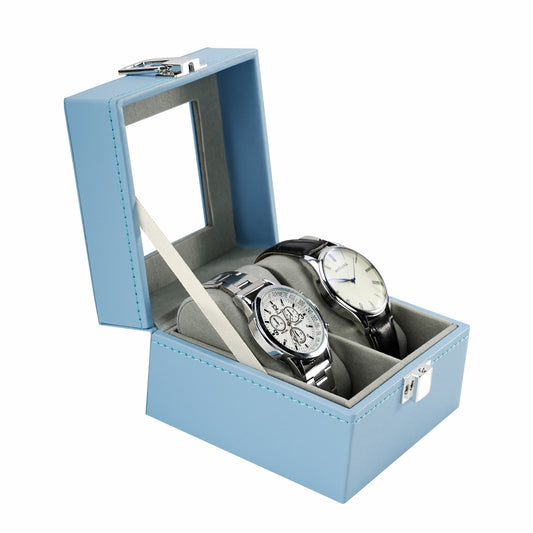2 Slots Blue Faux Leather Watch Display Box New Arrival Wacth Storage Case With Real Glass Lid