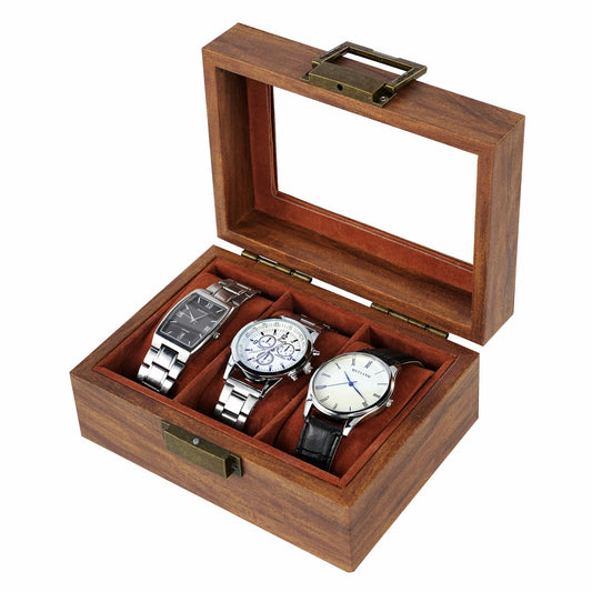 3 Slots Watch Organizer Case Brown Wooden Watch Box With Real Glass Lid
