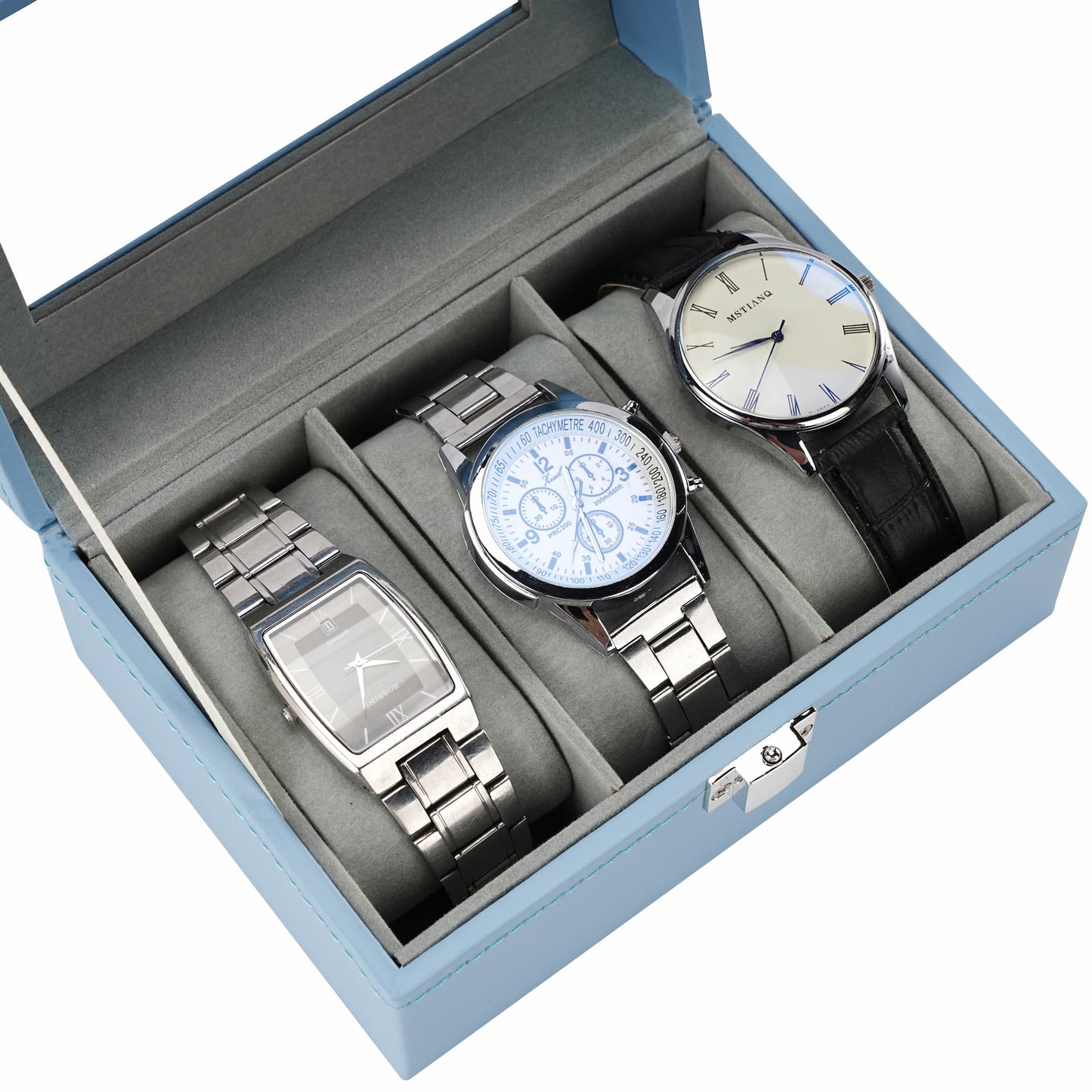 3 Slots Blue PU Leather Watch Display Box High Quality Watch Case with Glass Lid
