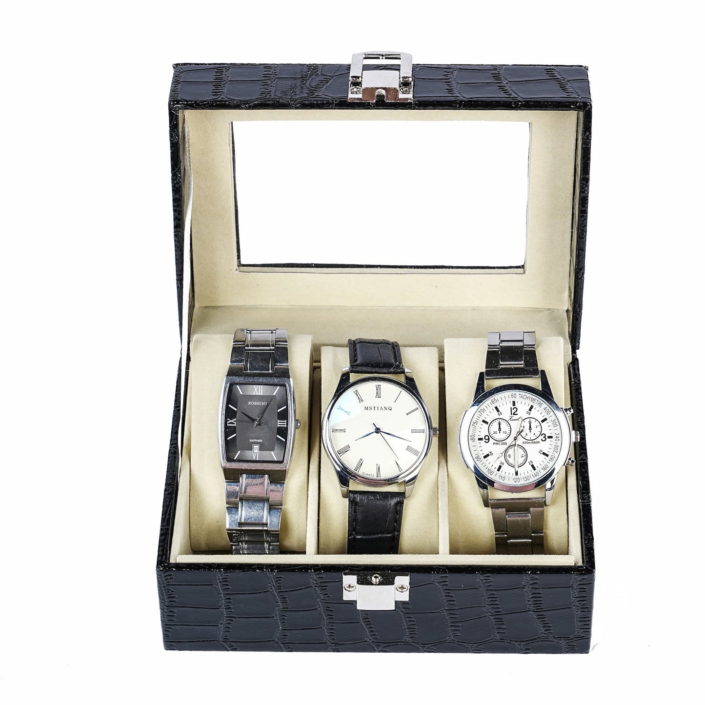 3 Slots Watch Storage Case Black Crocodile Grained PU Leather Watch Organizer Box With Real Glass Lid