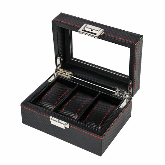 3-slot Professional Black Carbon Fiber Leather Wrist Watch Organizer Display Storage Box With Red Sewing