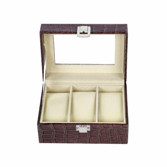 Factory supply 3 slots watch storage box brown crocodile grained pu leather watch case with high quality