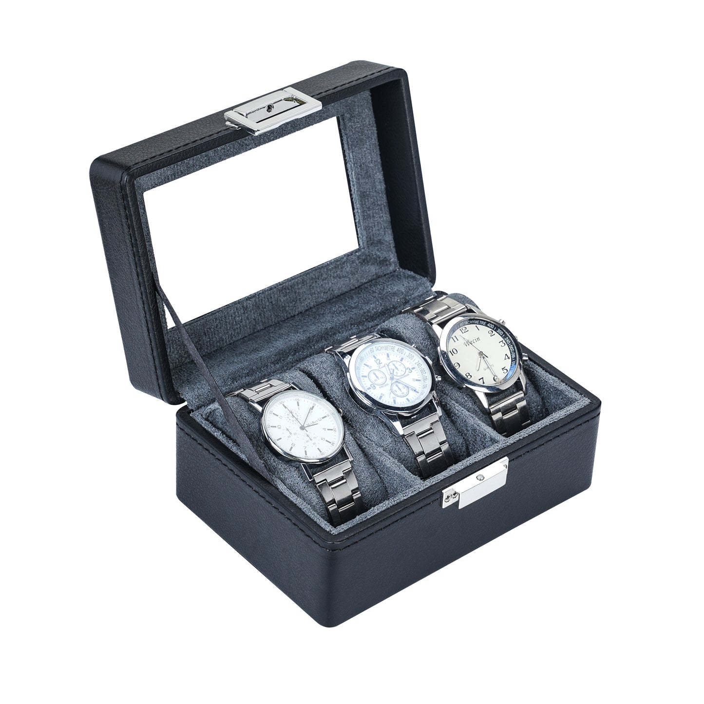 Black Litchi Texture Luxury Watch Box – 3 Slot Luxury Organizer for Men
