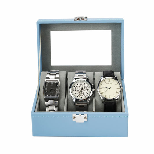 3 Slots Blue PU Leather Watch Display Box High Quality Watch Case with Glass Lid