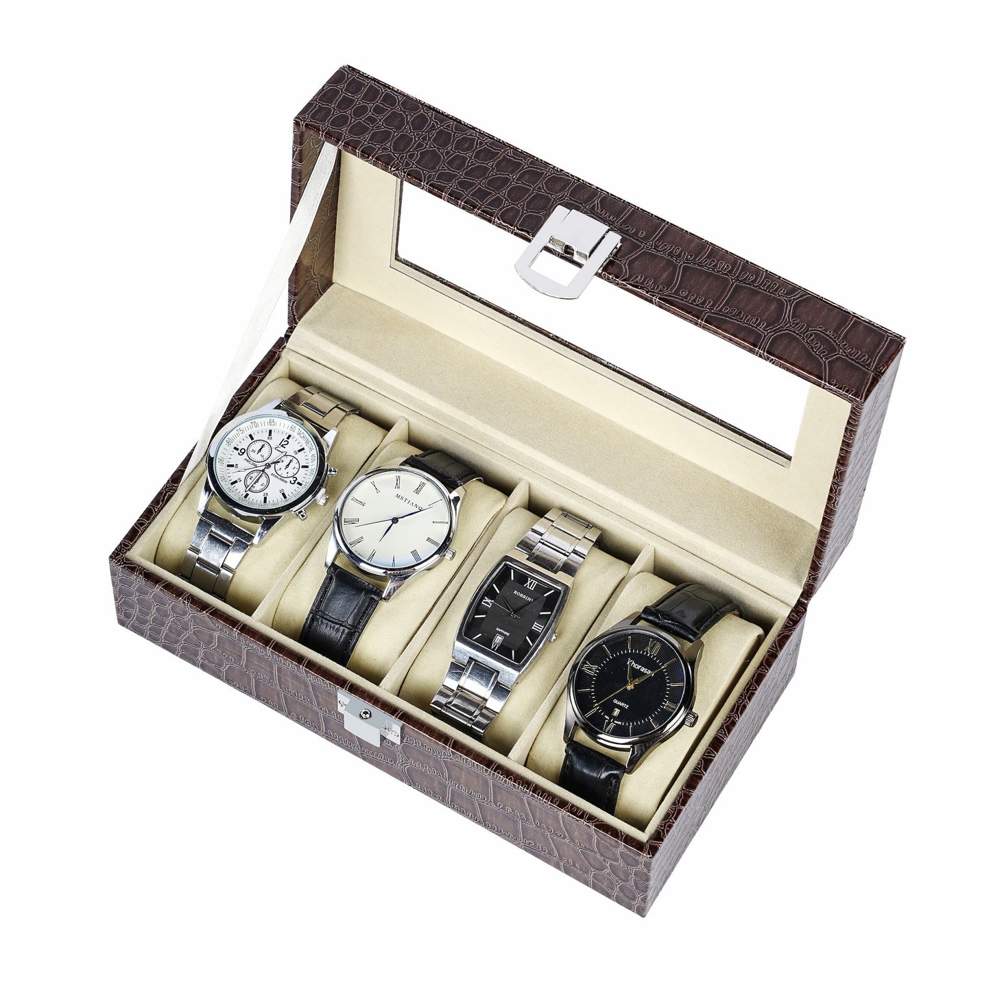 4 slots brown watch organizer case crocodile grained pu leather watch storage box with real glass lid