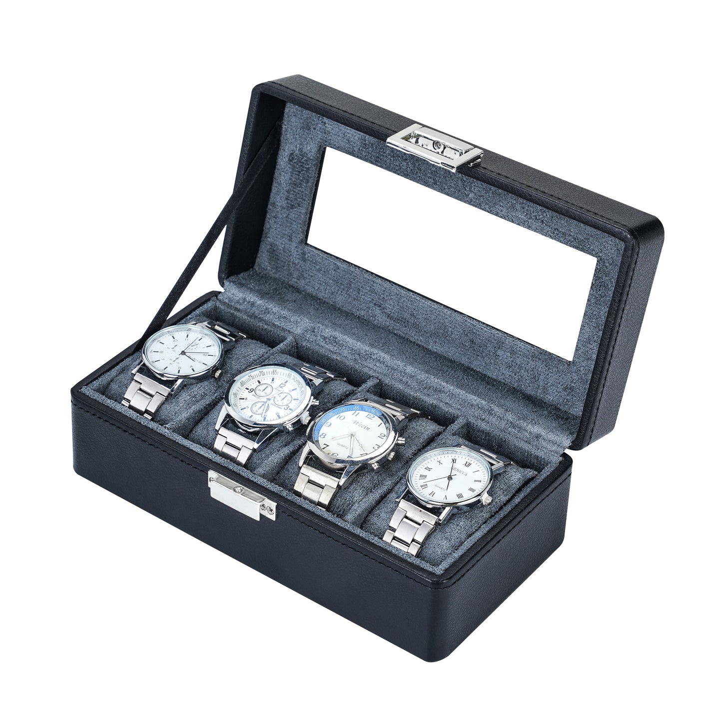 4-Slots Premium Black Litchi Grain Watch Packaging Box